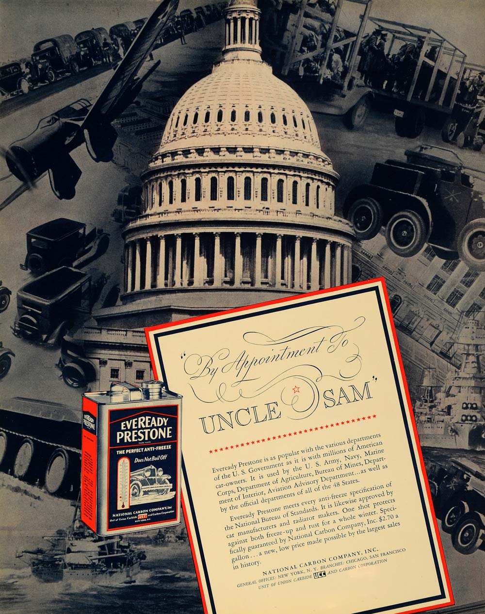 1935 Ad Eveready Prestone Uncle Sam Anti Freeze Capital - ORIGINAL F6A