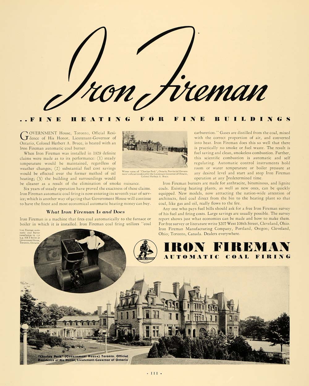 1935 Ad Iron Fireman Automatic Coal Firing Chorley Park - ORIGINAL F6A