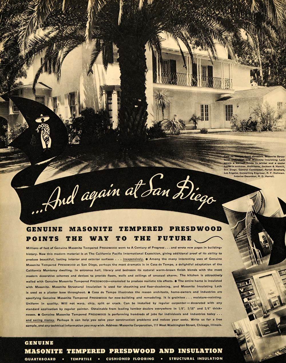 1935 Ad Masonite Tempered Presdwood Casa de Tempo CA - ORIGINAL ADVERTISING F6A