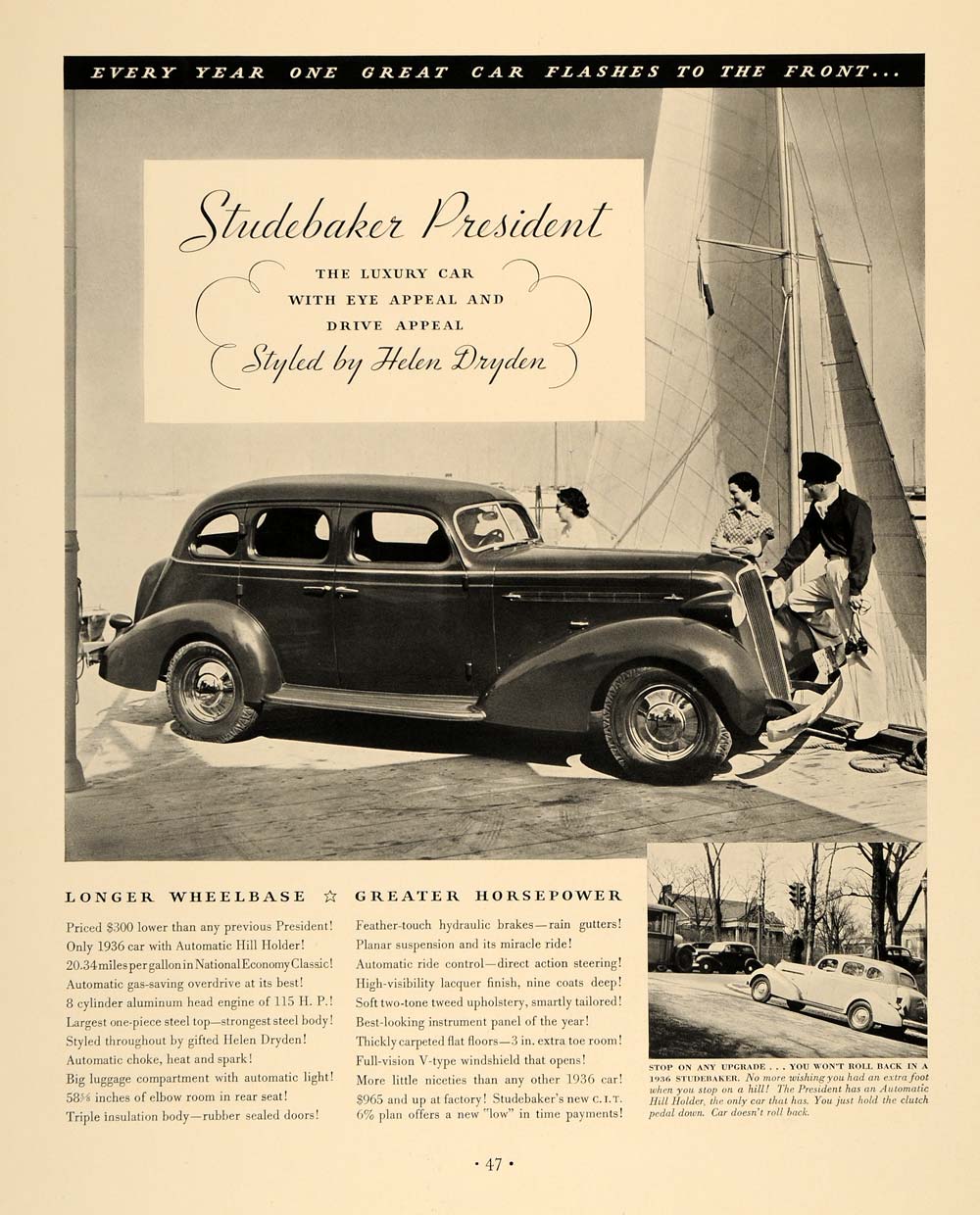 1936 Ad Studebaker President Automobile Vintage Car Model Sailboat Harbor F6A