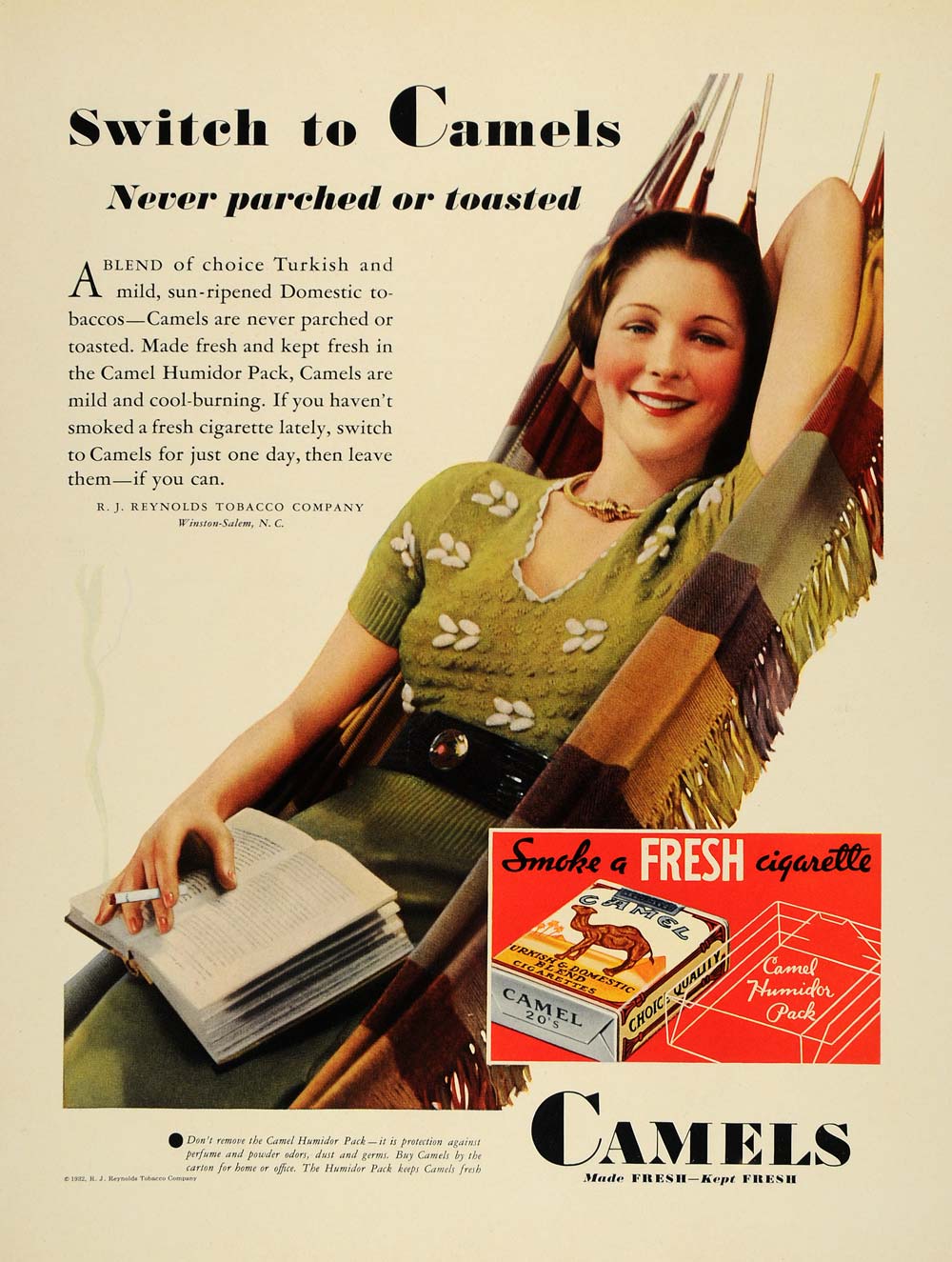 1932 Ad Reynolds Tobacco Camel Cigarettes Pack Hammock - ORIGINAL F6A