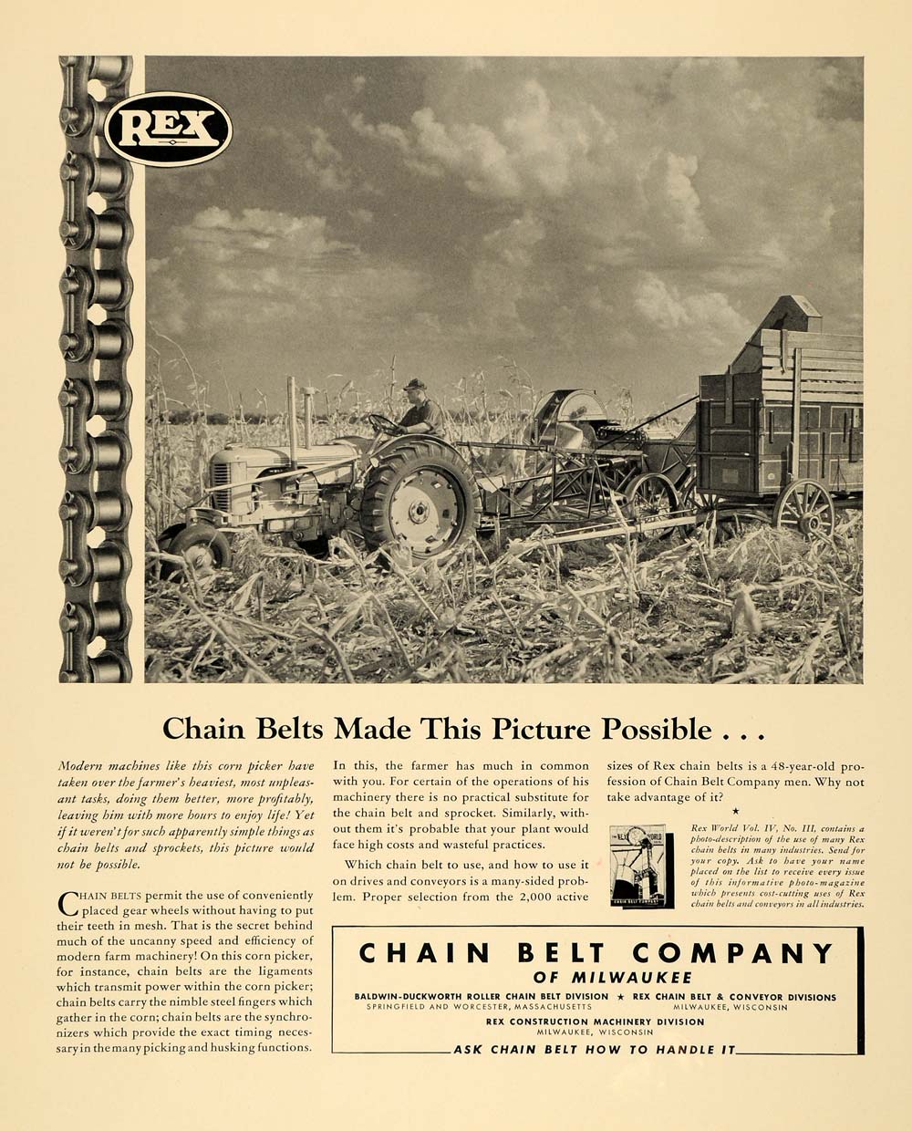 1940 Ad Chain Belt Milwaukee Farm Shelling Corn Machine - ORIGINAL F6A