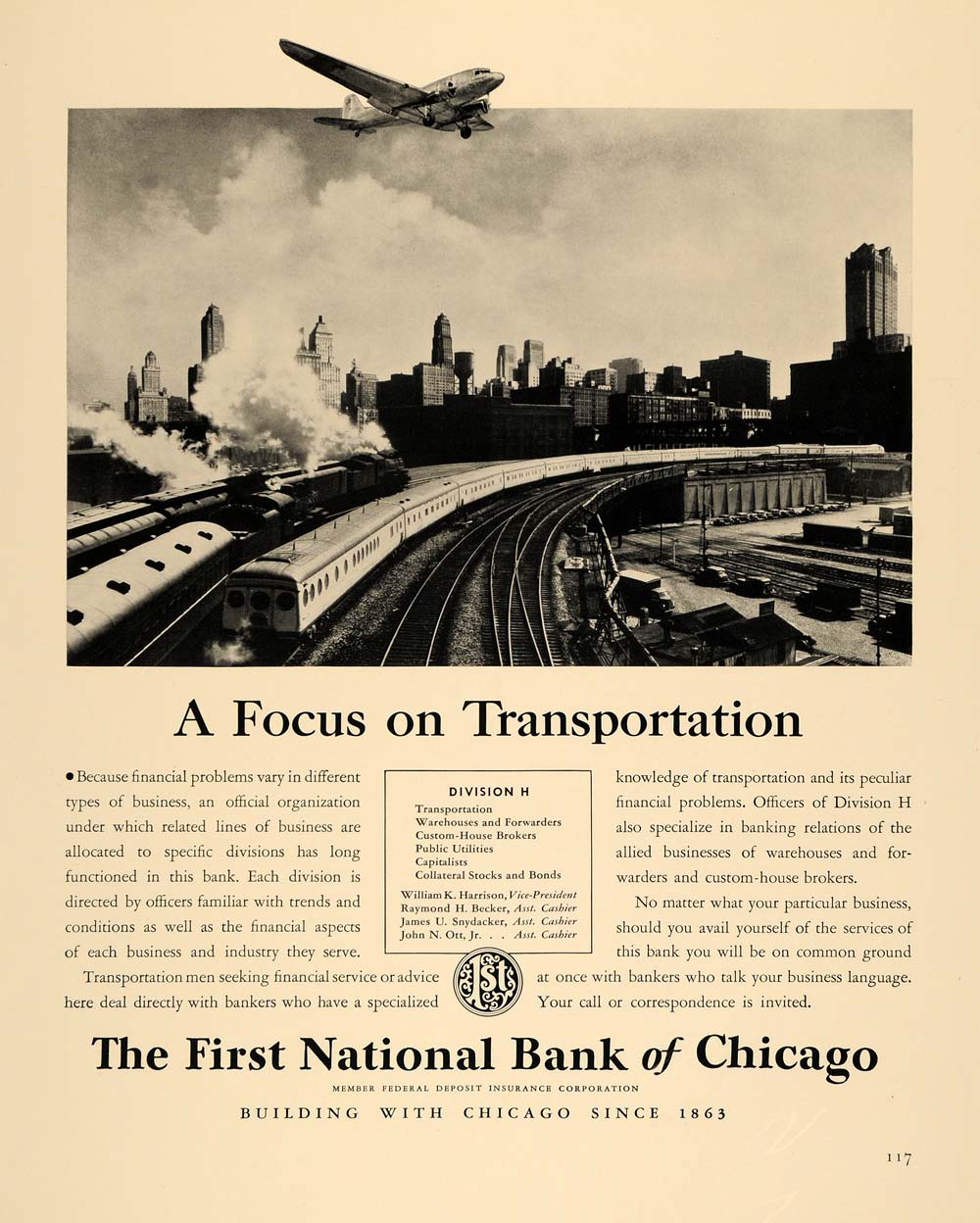 1940 Ad First National Bank Chicago City Railroad Plane - ORIGINAL F6A
