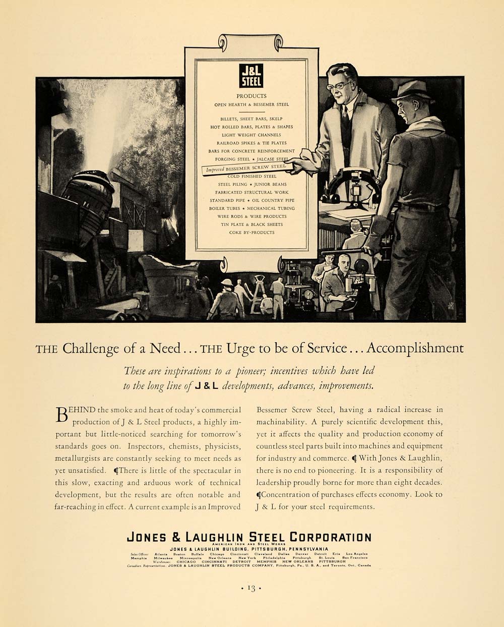1933 Ad Jones Laughlin Steel Bessemer Screw Men Working - ORIGINAL F6A