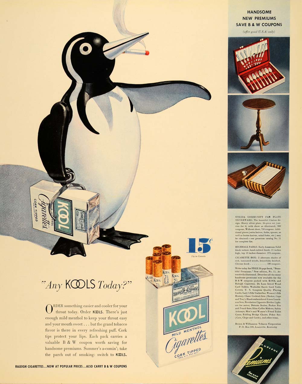 1936 Ad Kool Mild Menthol Cigarette Cork Willy Penguin - ORIGINAL F6A
