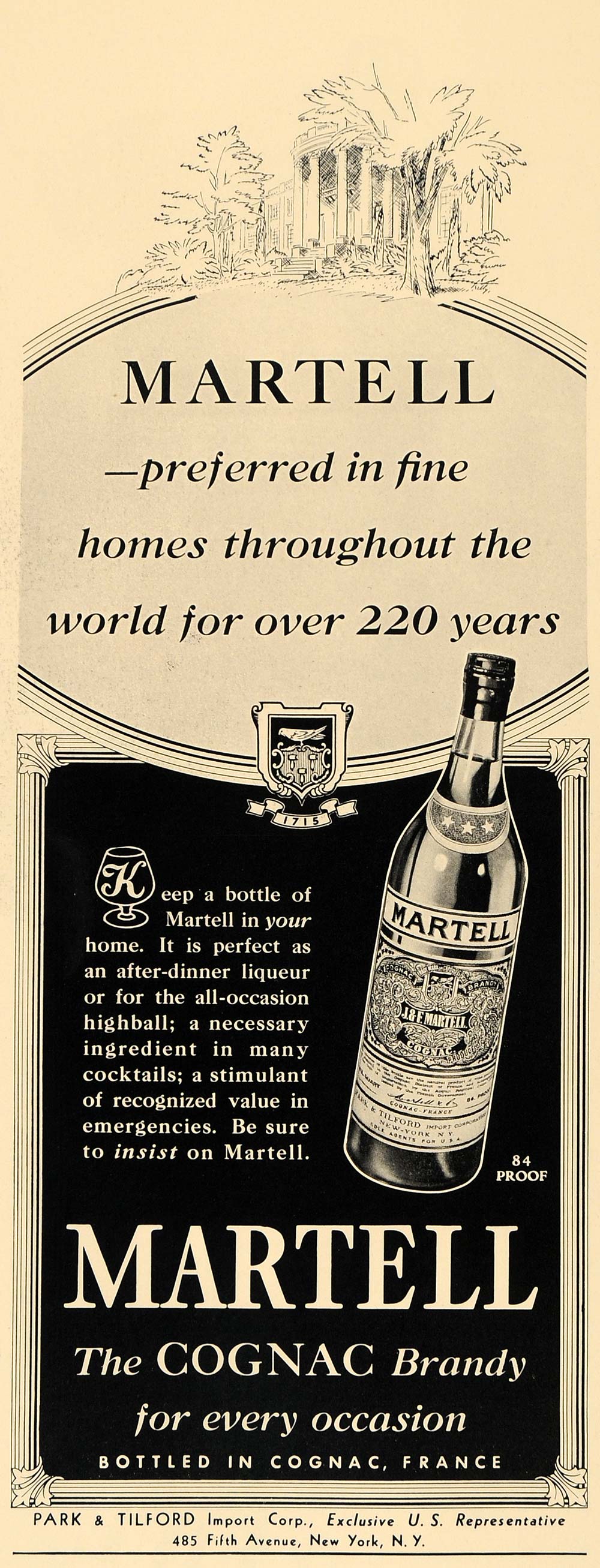 1936 Ad Martell Cognac Brandy Park Tilford 84 Proof - ORIGINAL ADVERTISING F6B
