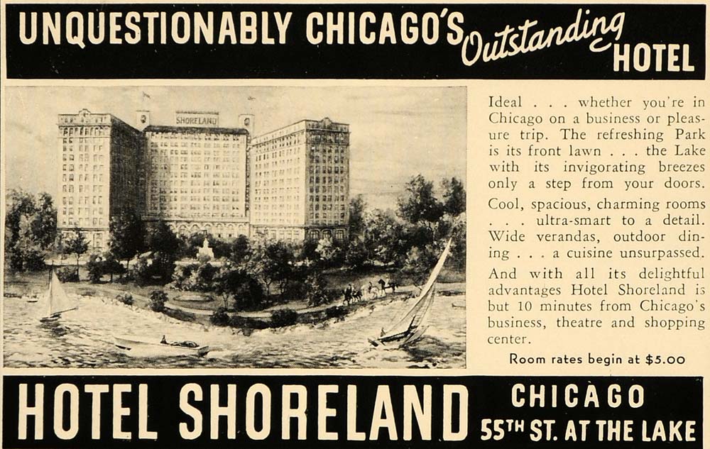 1935 Ad Hotel Shoreland Luxury Lodging Chicago Travel - ORIGINAL ADVERTISING F6B