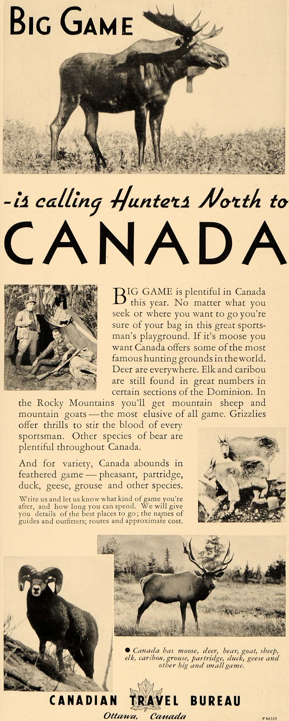 1935 Ad Canadian Travel Bureau Canada Hunting Moose Elk - ORIGINAL F6B