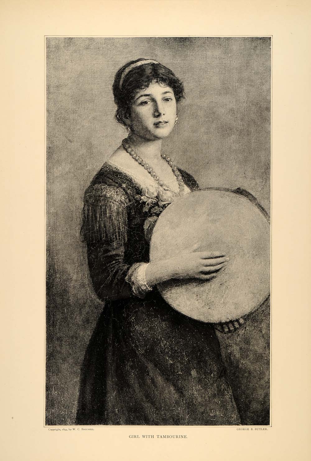 1896 George Butler Girl Tambourine Portrait Instrument ORIGINAL HISTORIC FAI10
