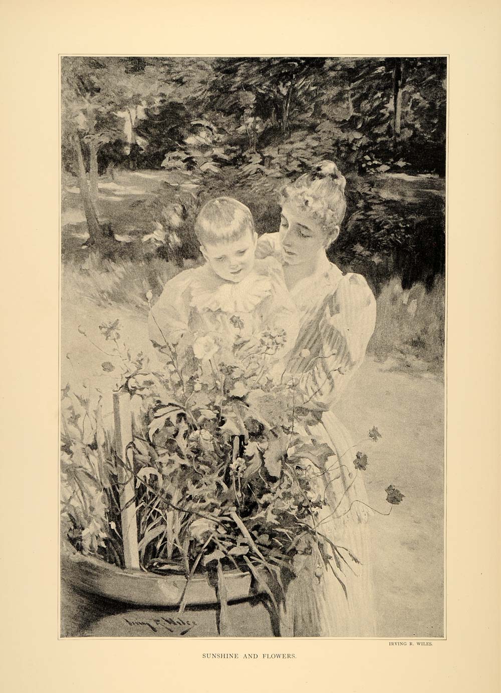 1896 Irving Wiles Sunshine Flowers Mother Child Garden ORIGINAL HISTORIC FAI10