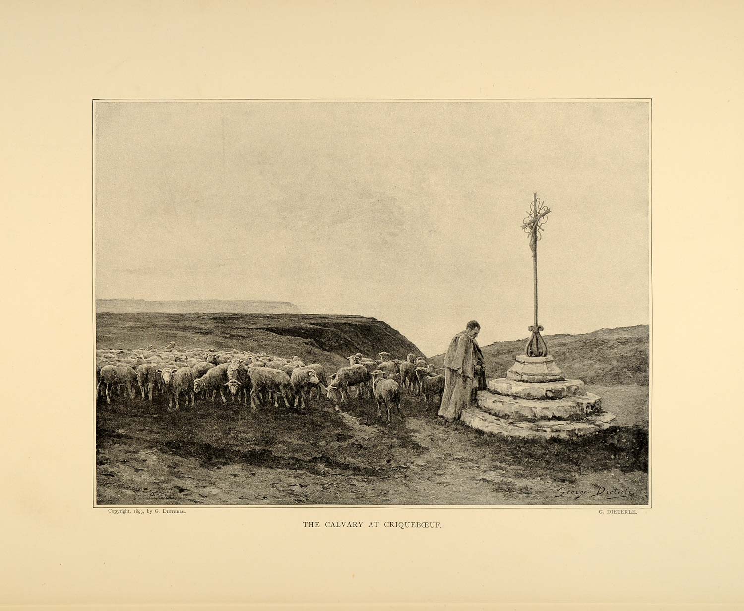 1896 G. Dieterle Calvary Criquebaeuf Sheep Shepherd - ORIGINAL HISTORIC FAI10
