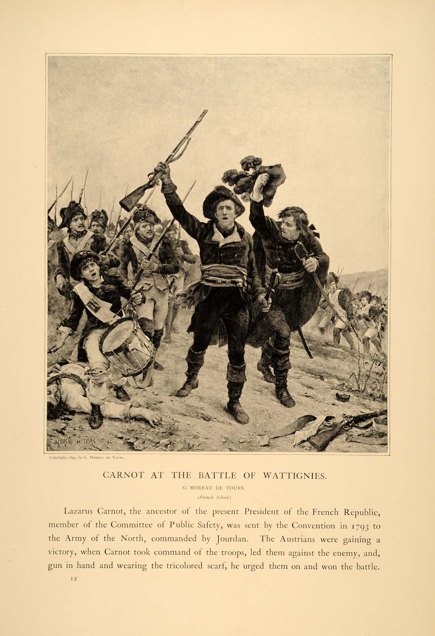 1896 G. Moreau De Tours Carnot Battle Wattignies French ORIGINAL HISTORIC FAI10