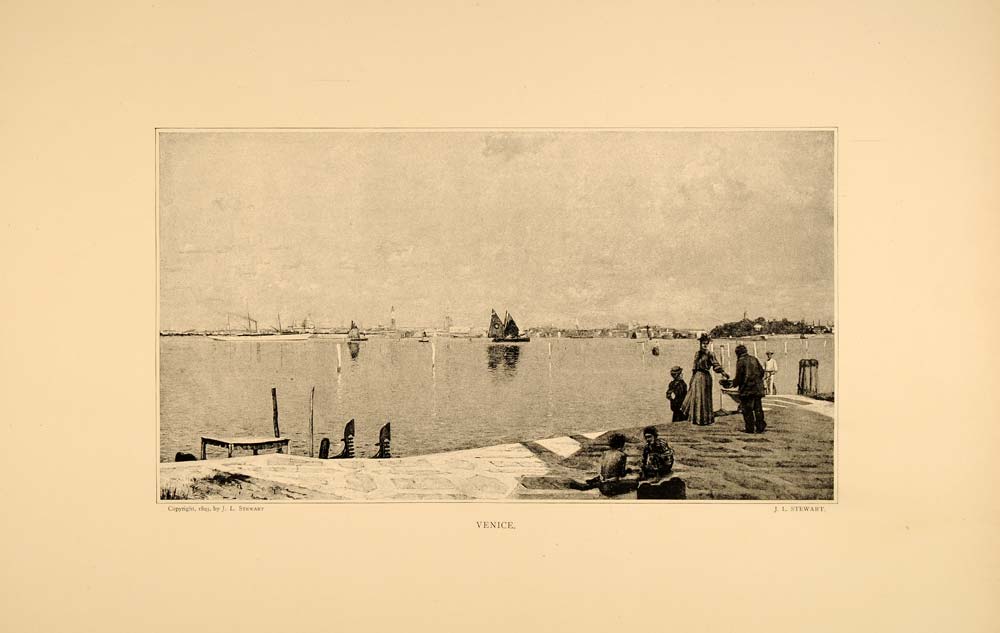 1896 Julius Stewart Venice Riva Lagoon Garden Artist - ORIGINAL HISTORIC FAI10