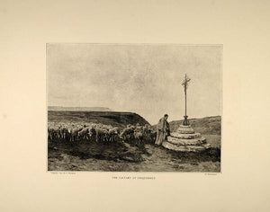 1893 Print Shepherd Prayer Cross Sheep Herd Criqueboeuf ORIGINAL HISTORIC FAI1