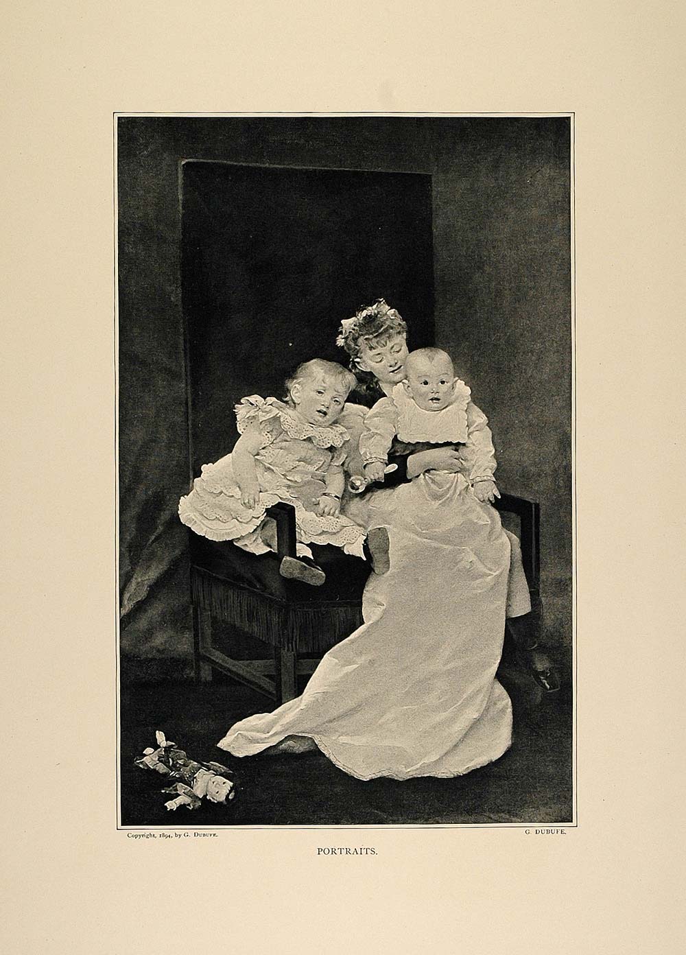1893 Print Portrait Three Victorian Children G. Dubufe ORIGINAL HISTORIC FAI1