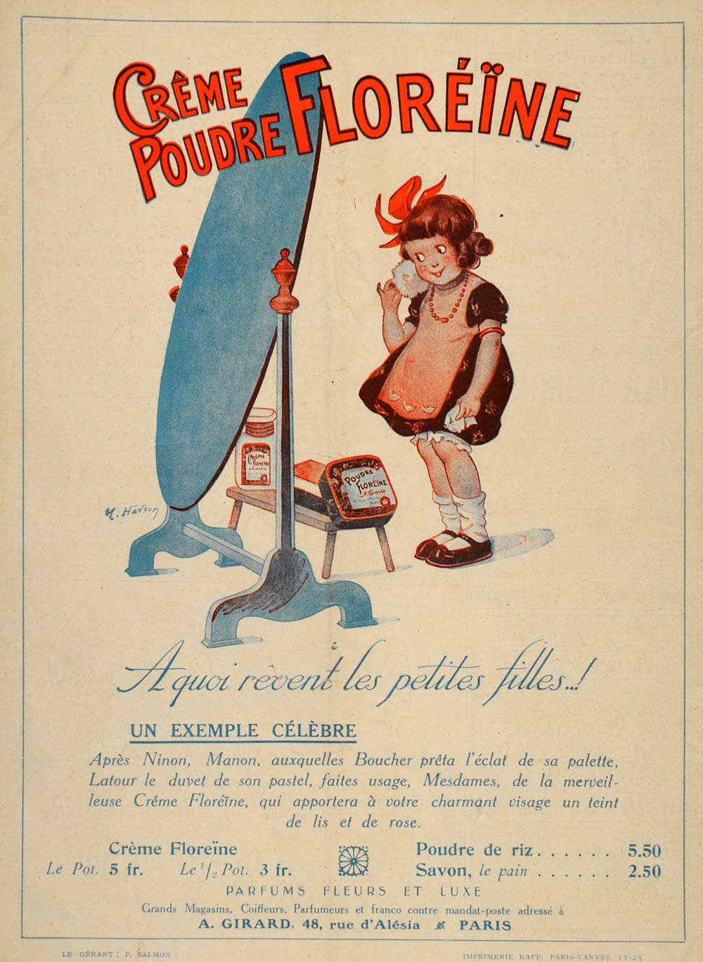1925 Vintage French Ad Creme Poudre Floreine Girl Fille - ORIGINAL FAN1