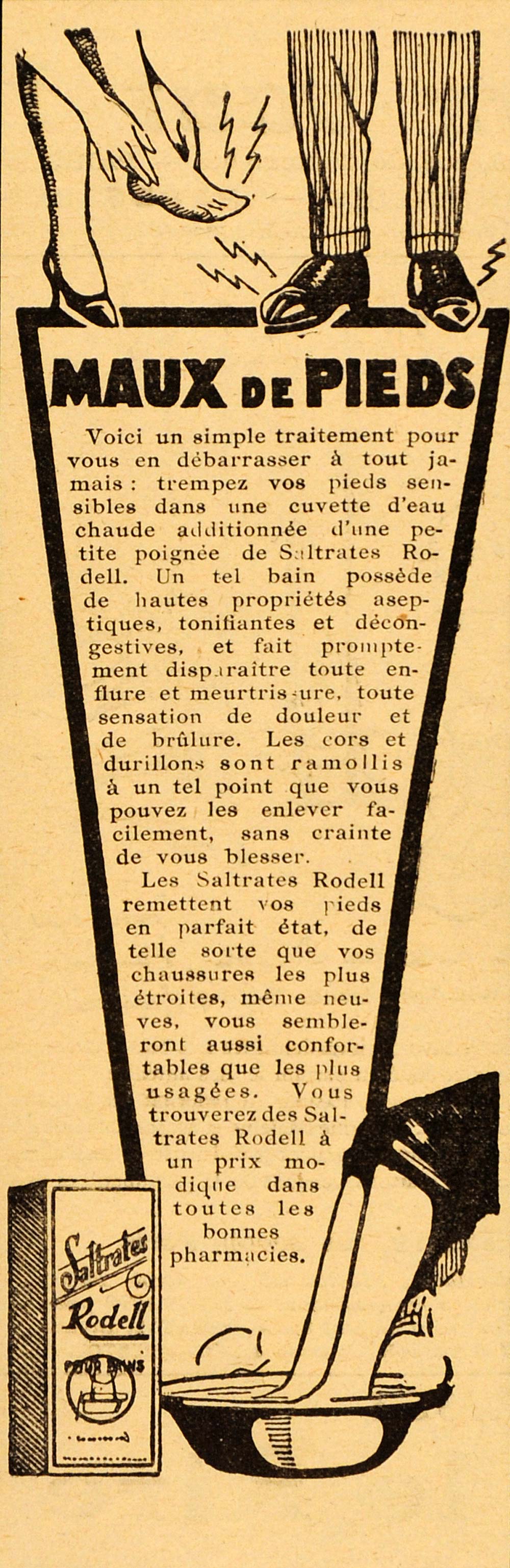 1926 Vintage French Ad Saltrates Rodell Foot Soak Bath - ORIGINAL FAN1