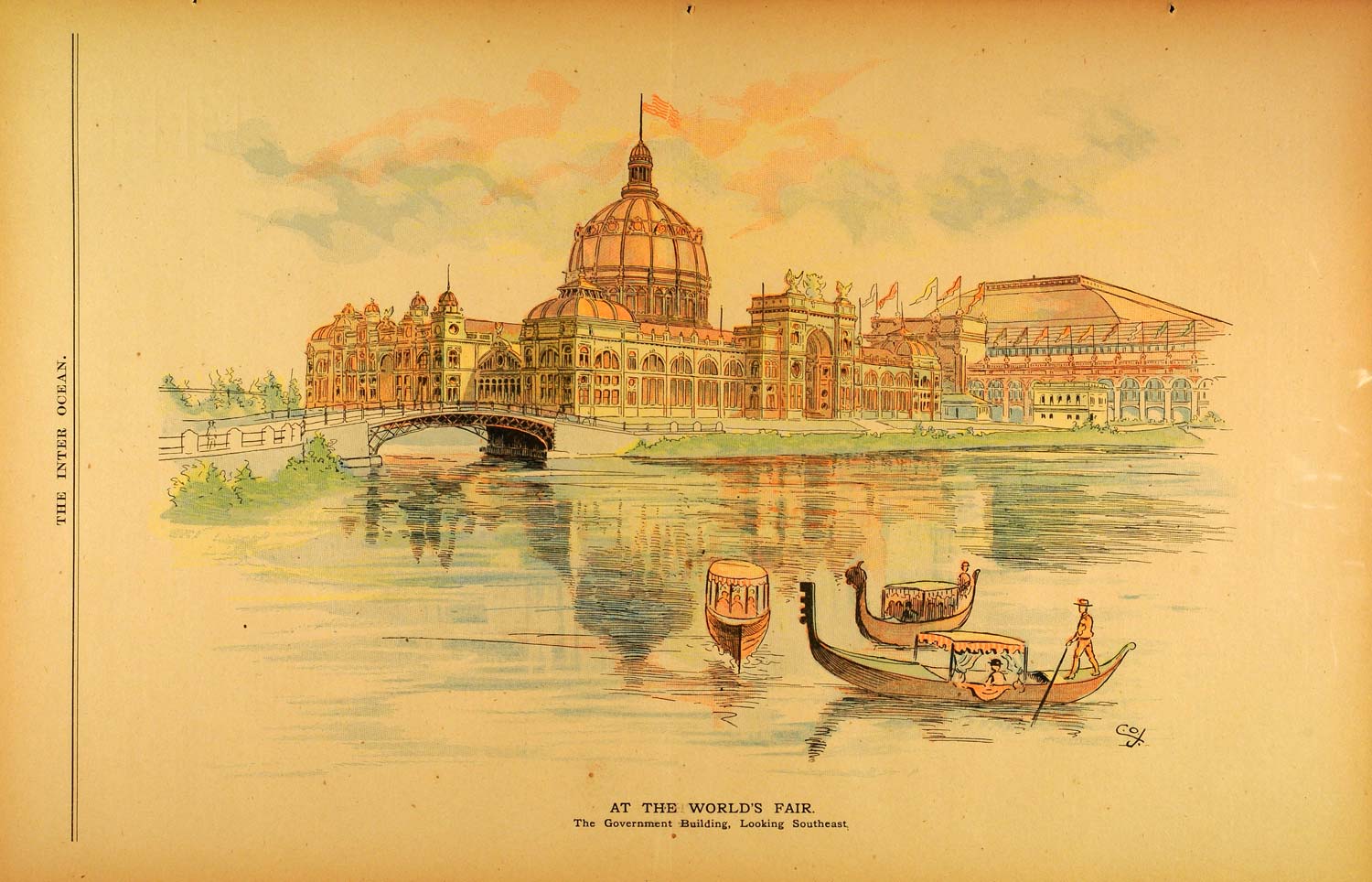 1893 Print World's Fair Government Building Gondola Boat Bridge FAR2