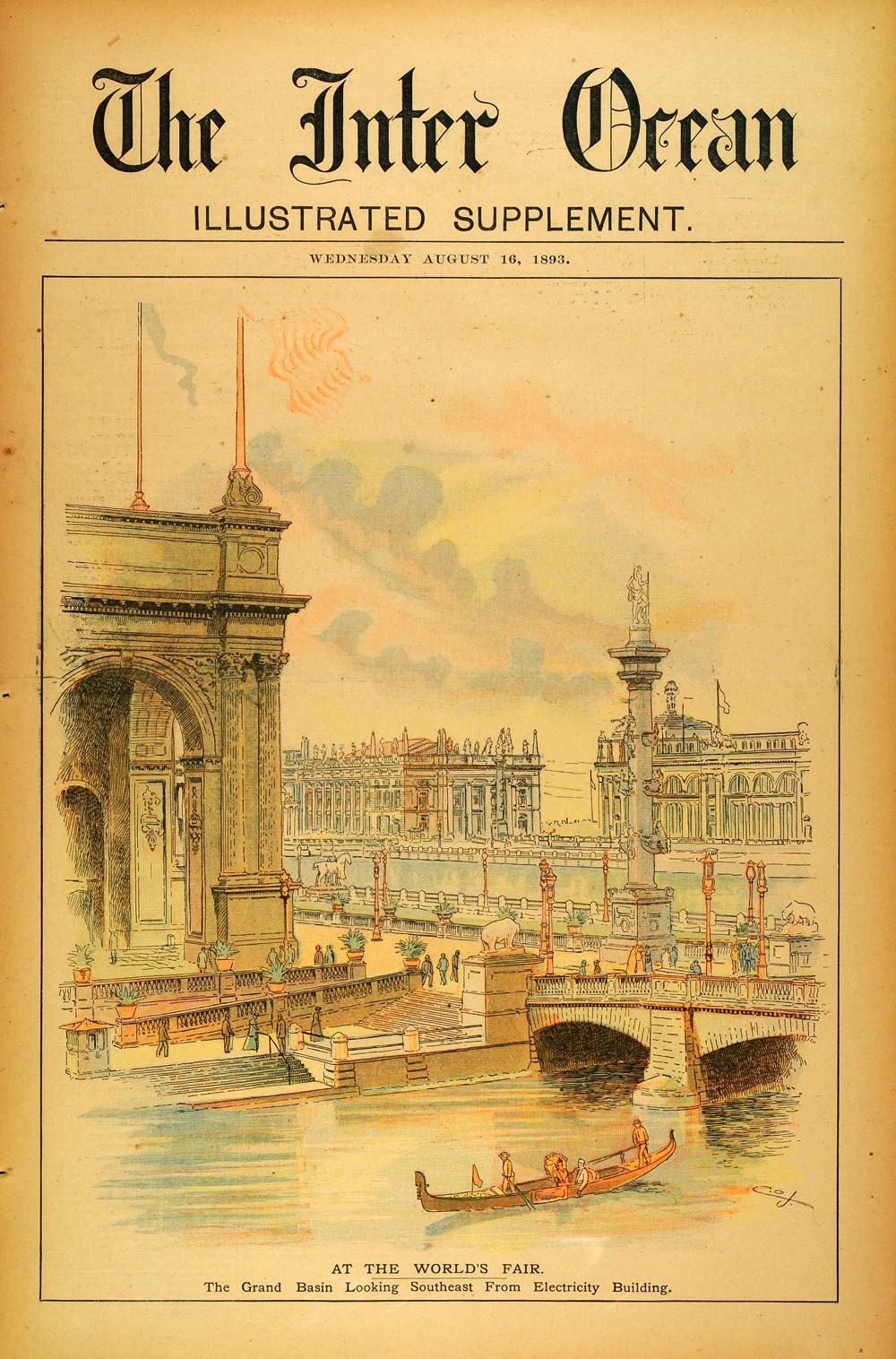 1893 Print Worlds Fair Grand Basin Electricity Building Gondola Bridge FAR2