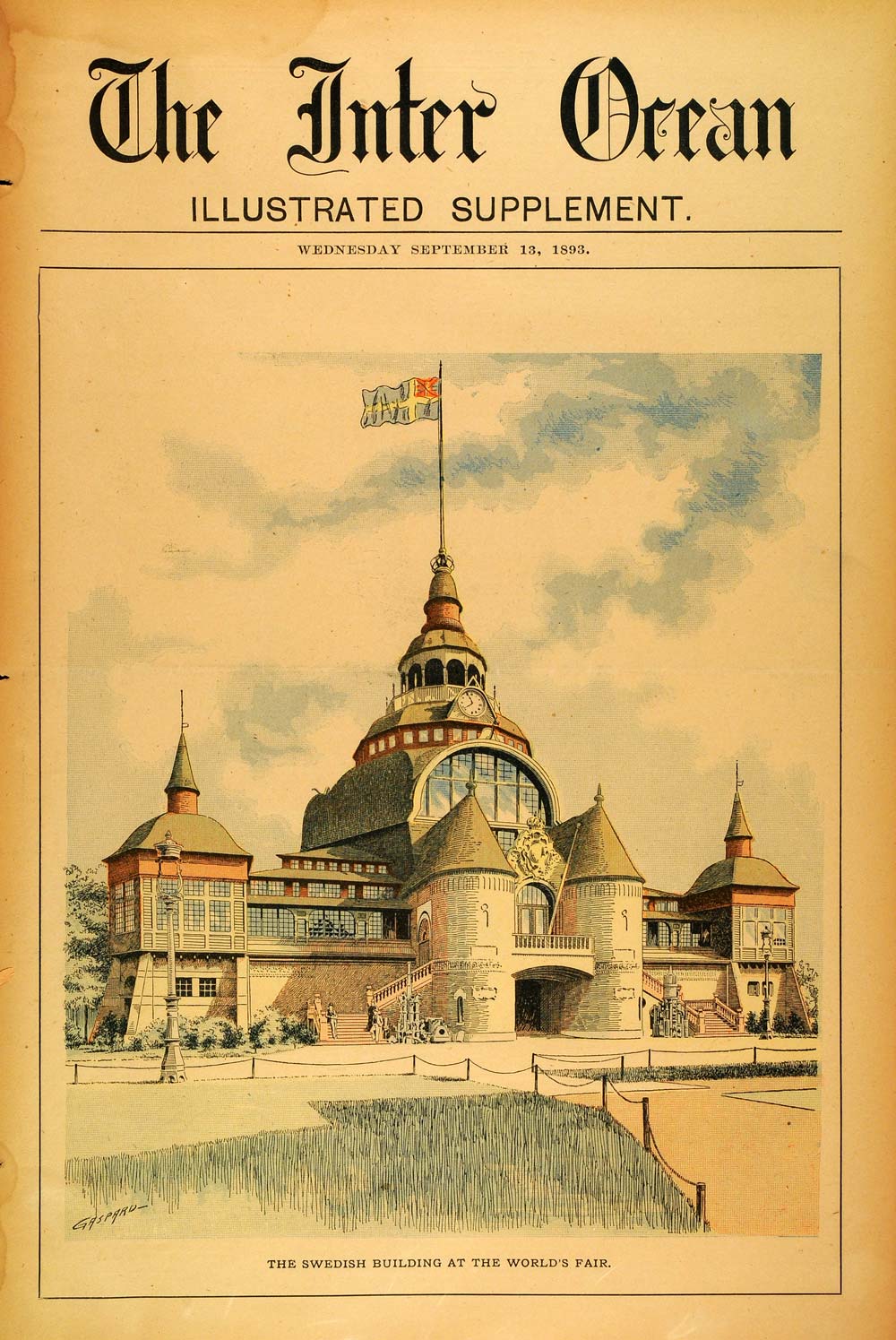 1893 Print Swedish Building World's Fair Building Architecture Flag Scanian FAR2