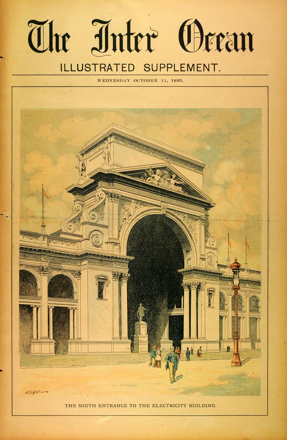 1893 Print Electricity Building Sculpture Chicago Fair Exposition Van Brunt FAR2