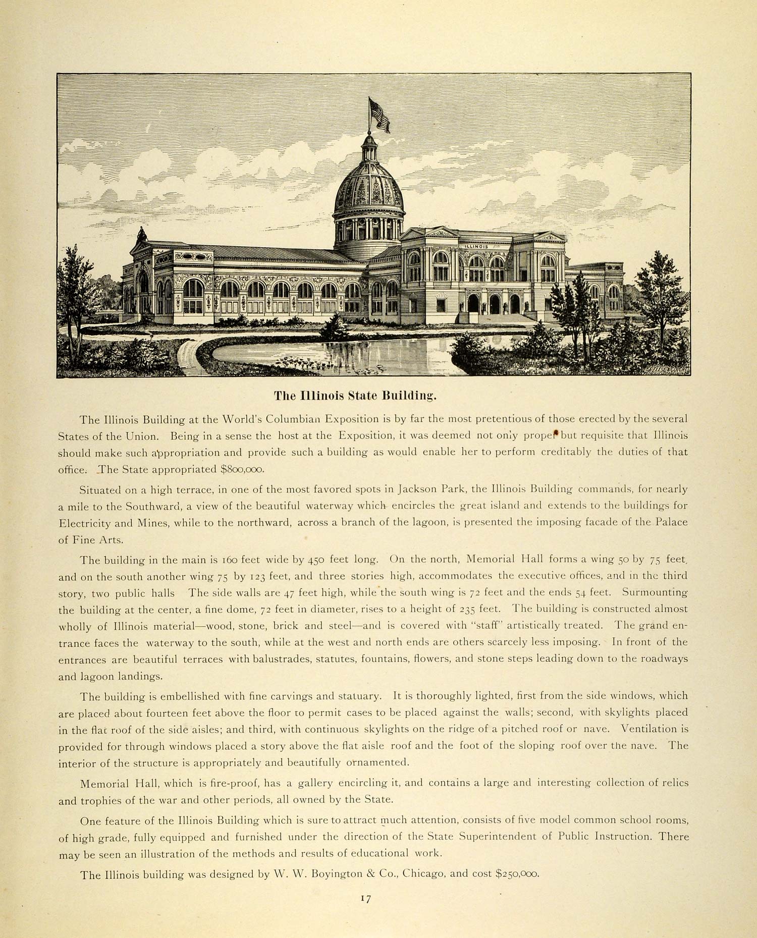 1893 Print Chicago World's Fair Illinois State Building Columbia Exposition FAR3