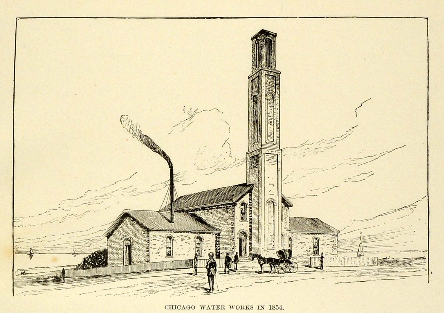 1893 Print Chicago Water Works Building Tower 1854 Architecture Horse Buggy FAR3