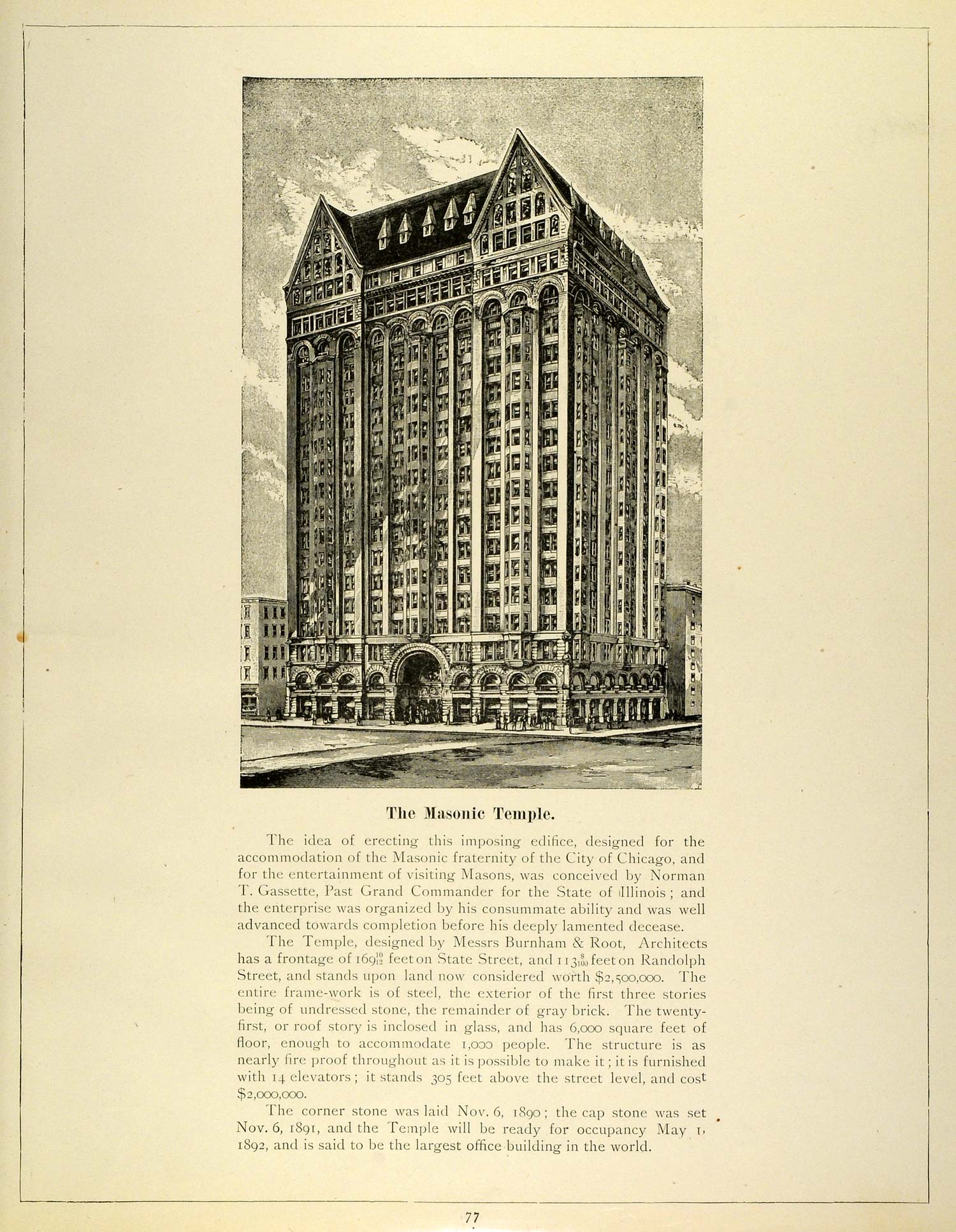 1893 Print Chicago Masonic Temple Burnham & Root Skyscraper Architecture FAR3
