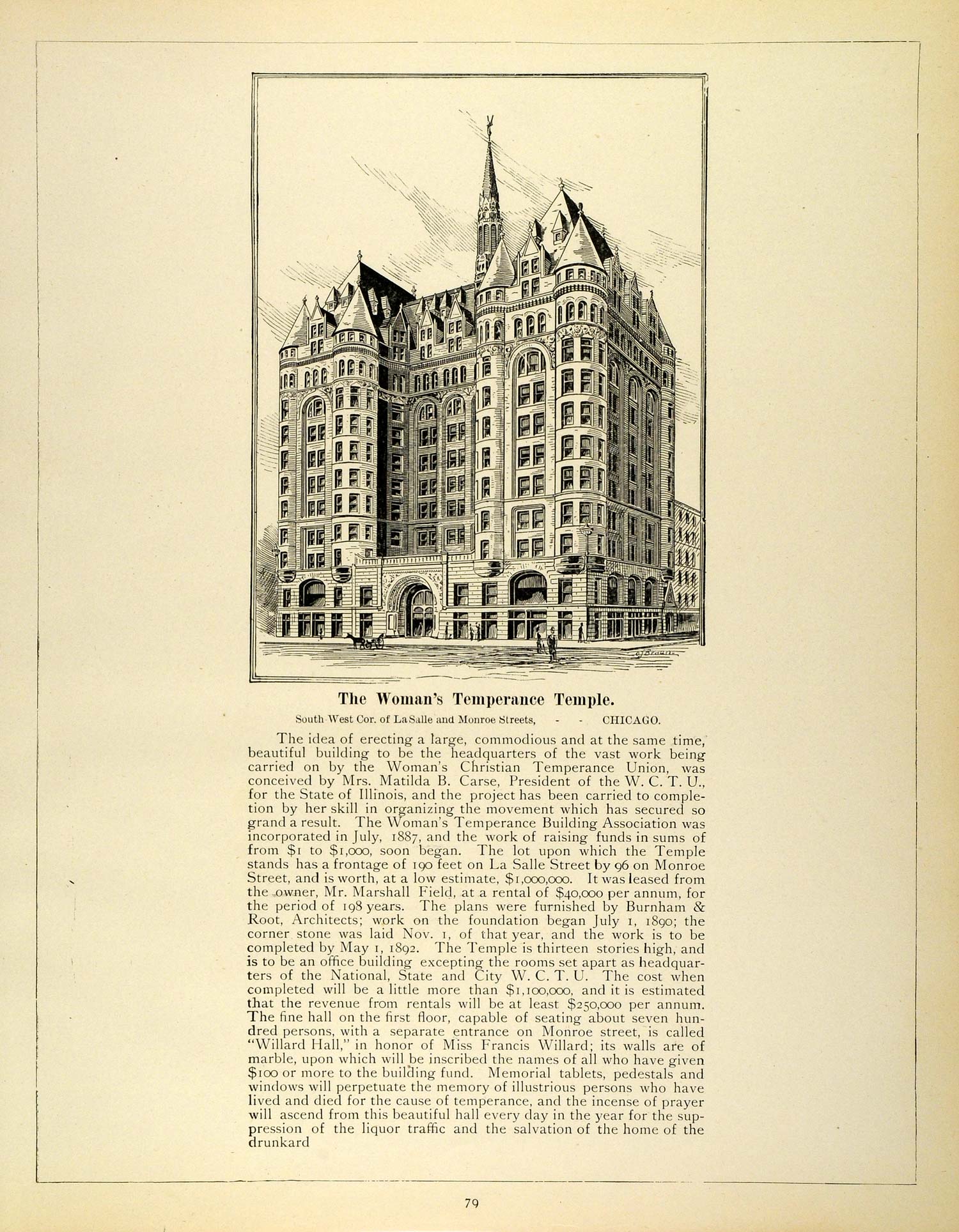 1893 Print Chicago Woman's Temperance Temple Burnham & Root Architecture FAR3