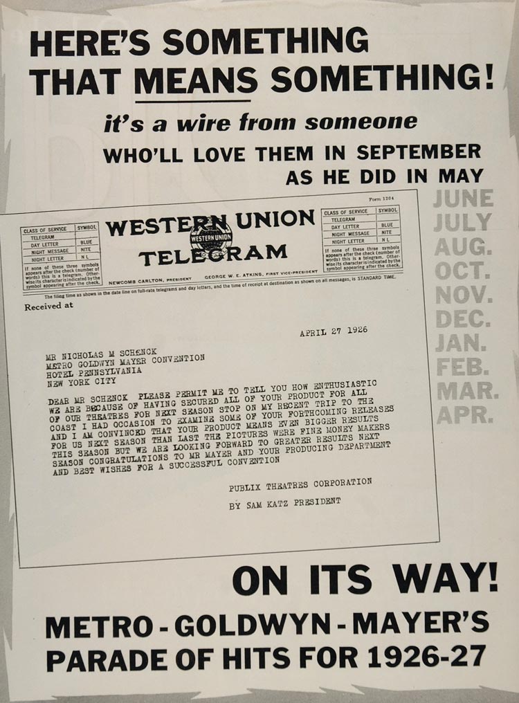 1926 Ad MGM Western Union Telegram Wire Sam Katz Publix - ORIGINAL FBO1