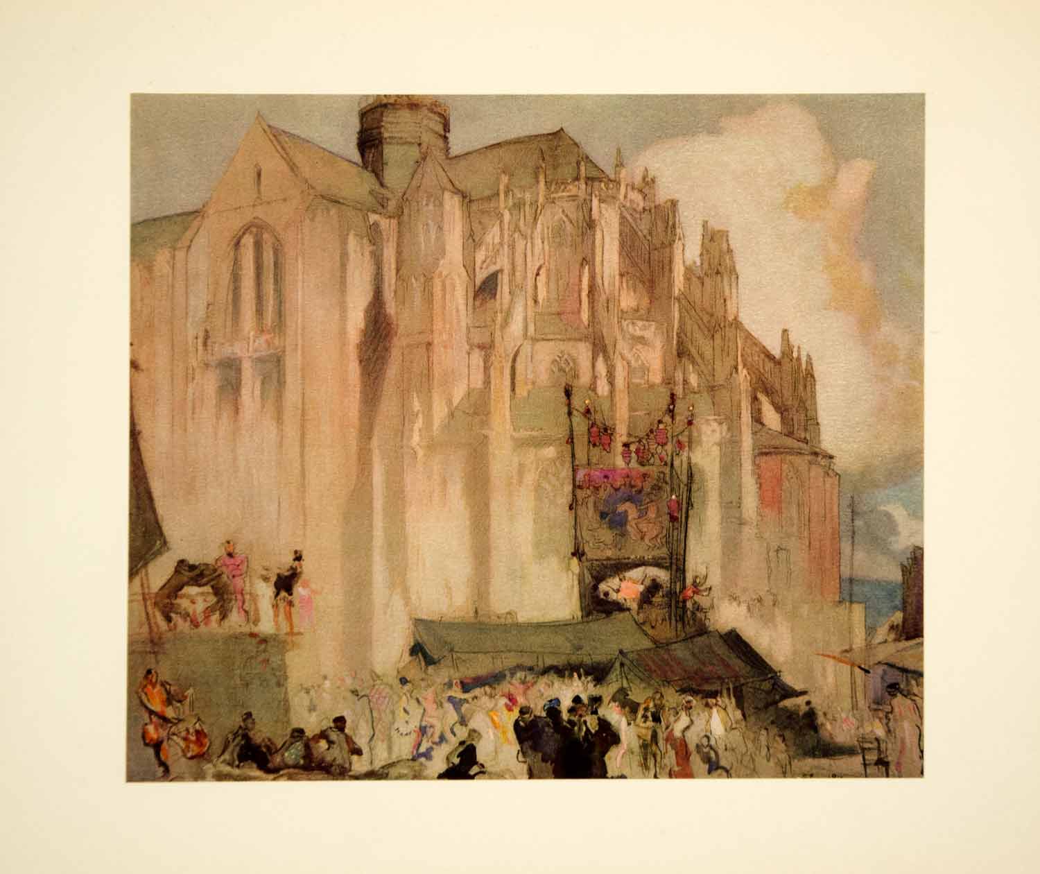 1928 Print Frank Branywn Gothic Cathedral Eu France Church Watercolor Art FBR1