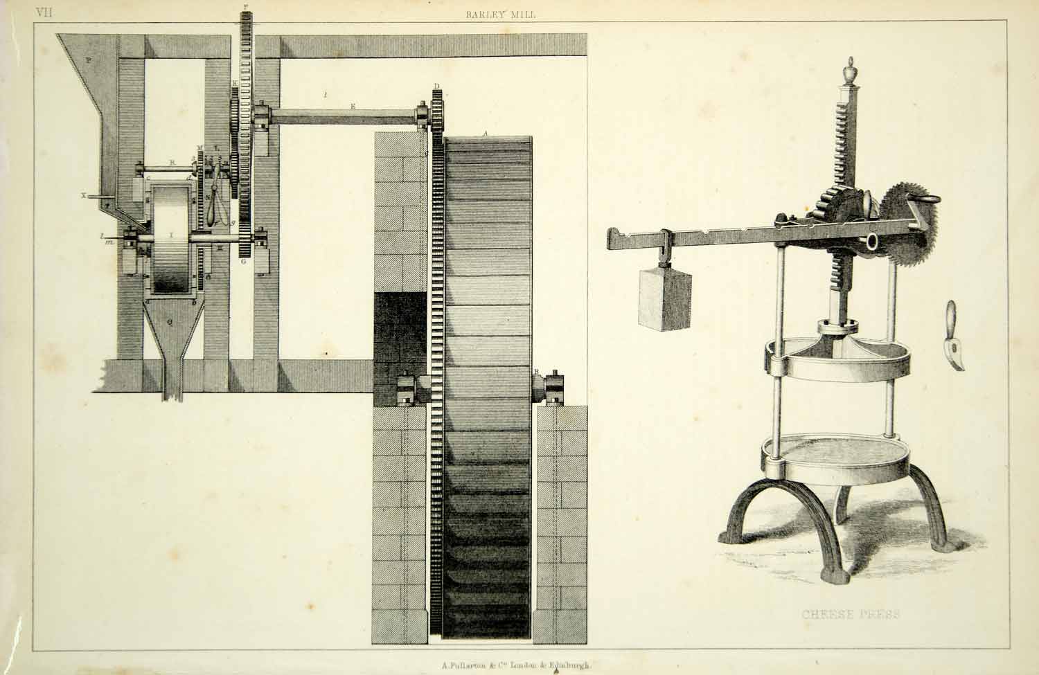 1852 Steel Engraving Antique Barley Mill Cheese Press Farm Equipment Machine FD1