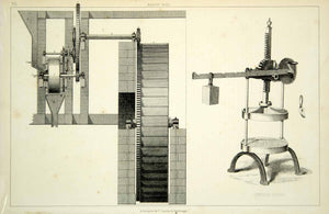 1852 Steel Engraving Antique Barley Mill Cheese Press Farm Equipment Machine FD1