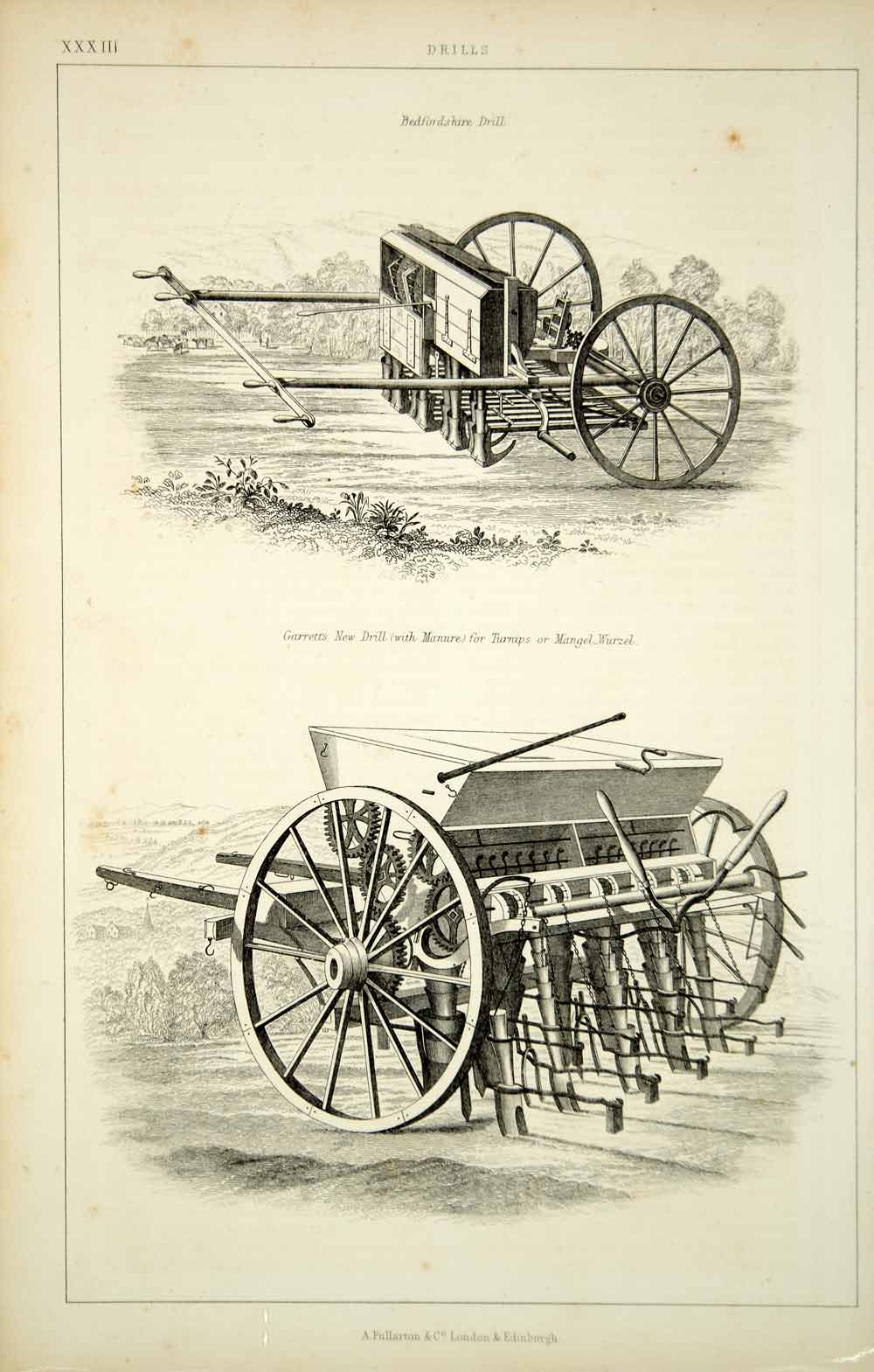 1852 Steel Engraving Antique Seed Drill Sowing Farm Equipment Agriculture FD1