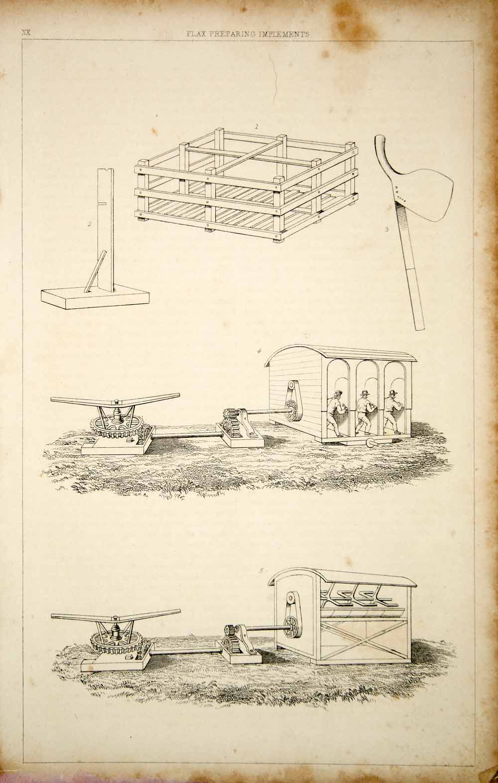 1852 Steel Engraving Antique Print Flax Cultivation Mill Machine Agriculture FD1
