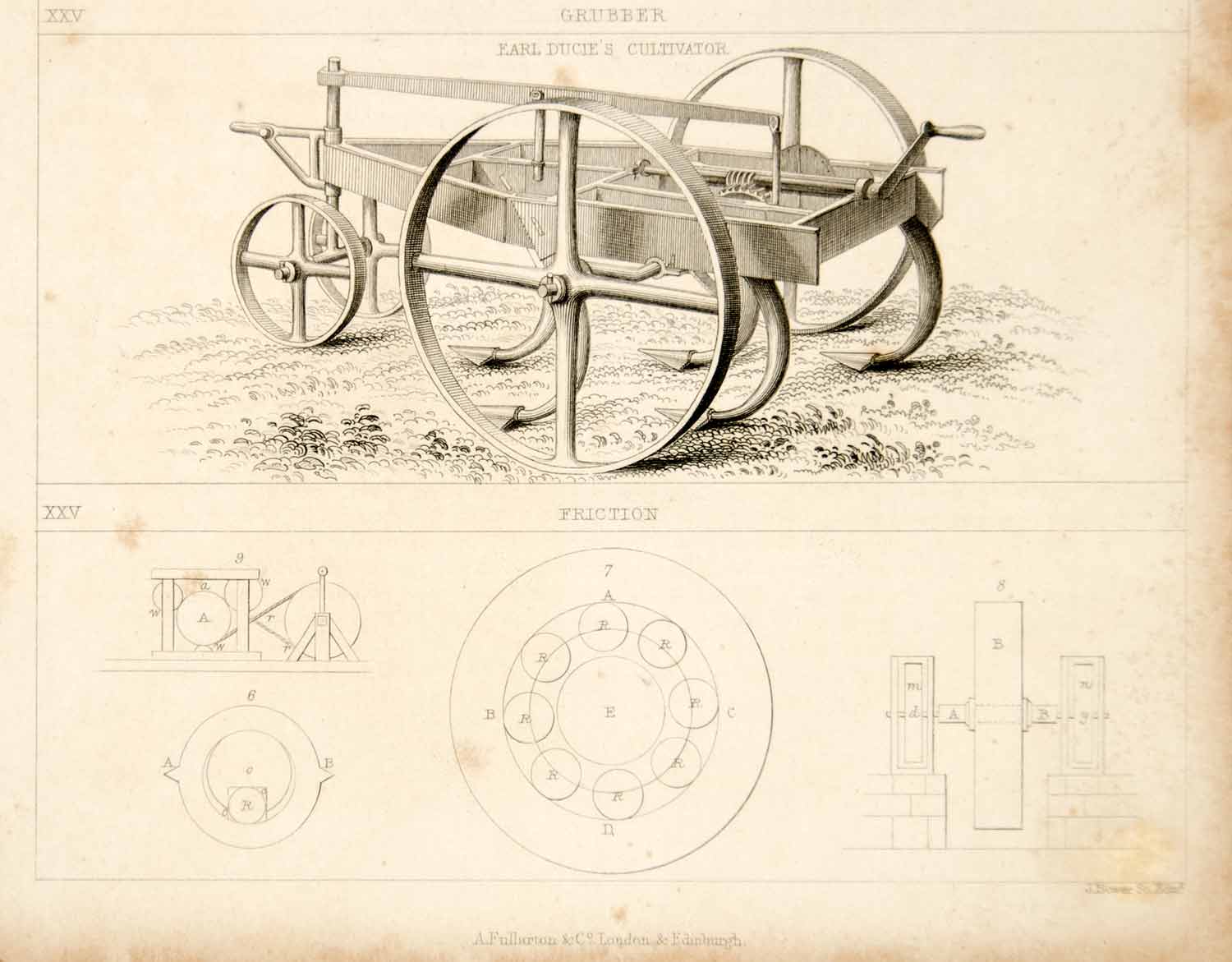 1852 Steel Engraving Antique Earl Ducie Cultivator Grubber Farm Equipment FD1