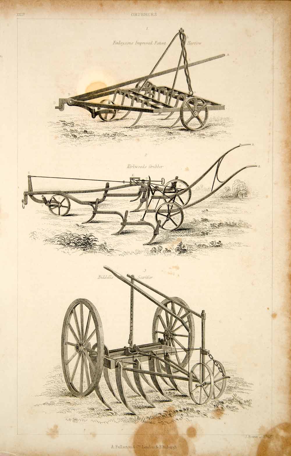 1852 Steel Engraving Antique Grubber Cultivator Harrow Farm Tool Agriculture FD1
