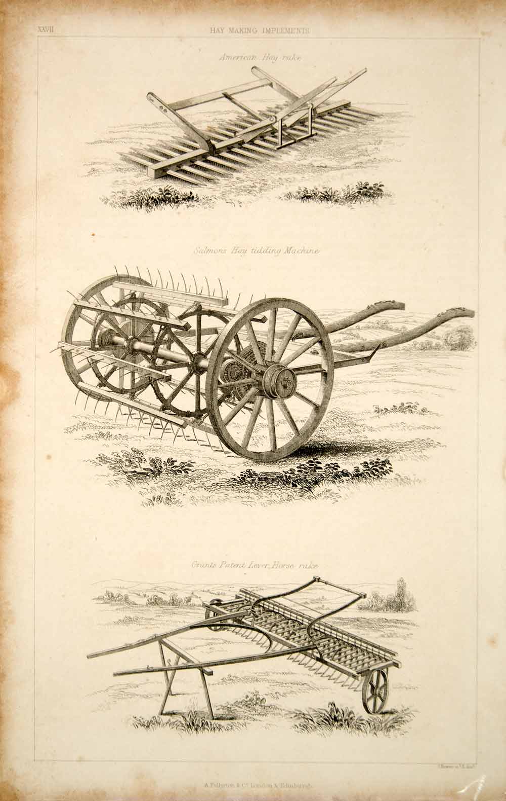 1852 Steel Engraving Antique Hay Implements Rake Haying Machine Agriculture FD1