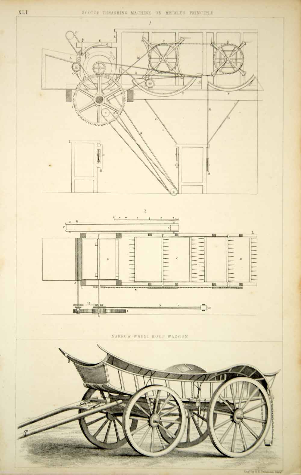 1852 Steel Engraving Antique Scotch Threshing Machine Hoop Wagon Farming FD1