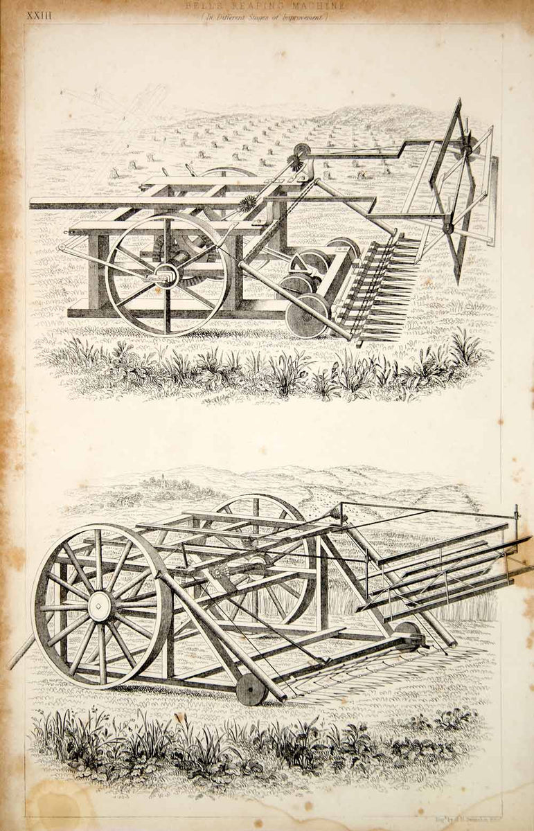 1852 Steel Engraving Antique Bell Reaping Machine Reaper Farming Agric ...