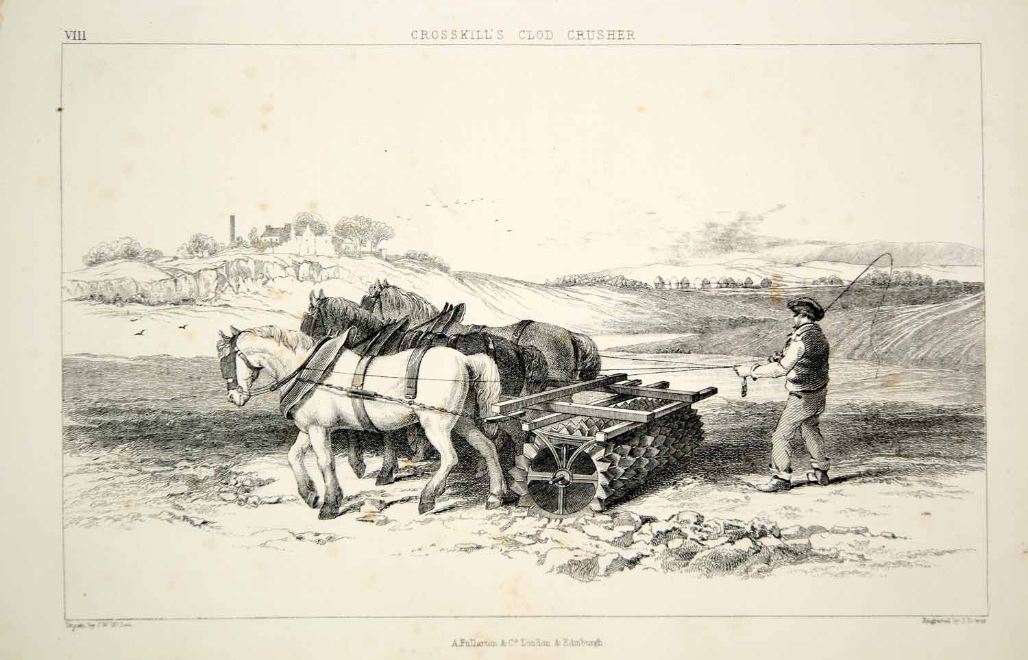 1852 Steel Engraving Antique Crosskill Clod Crusher Soil Machine Agriculture FD1