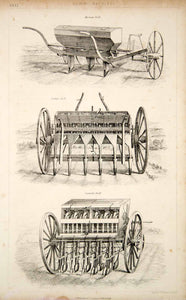 1852 Steel Engraving Antique Sowing Machines Seed Drills Farming Agriculture FD1