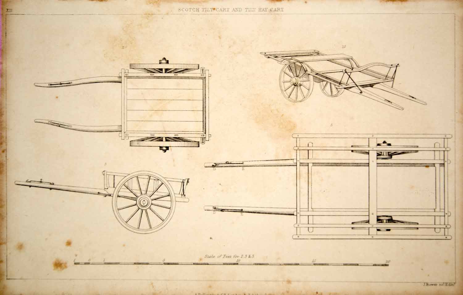 1852 Steel Engraving Antique Scotch Tilt Cart Hay Diagram Farm Equipment FD1