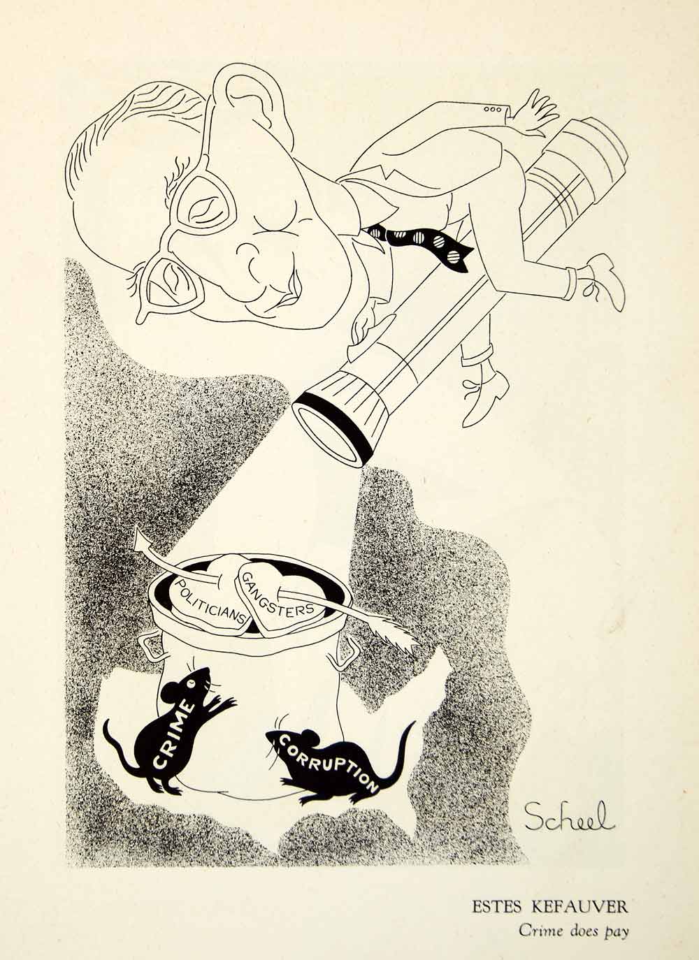 1951 Offset Lithograph Estes Kefauver Crime Pay Caricature Theodor Scheel Mice