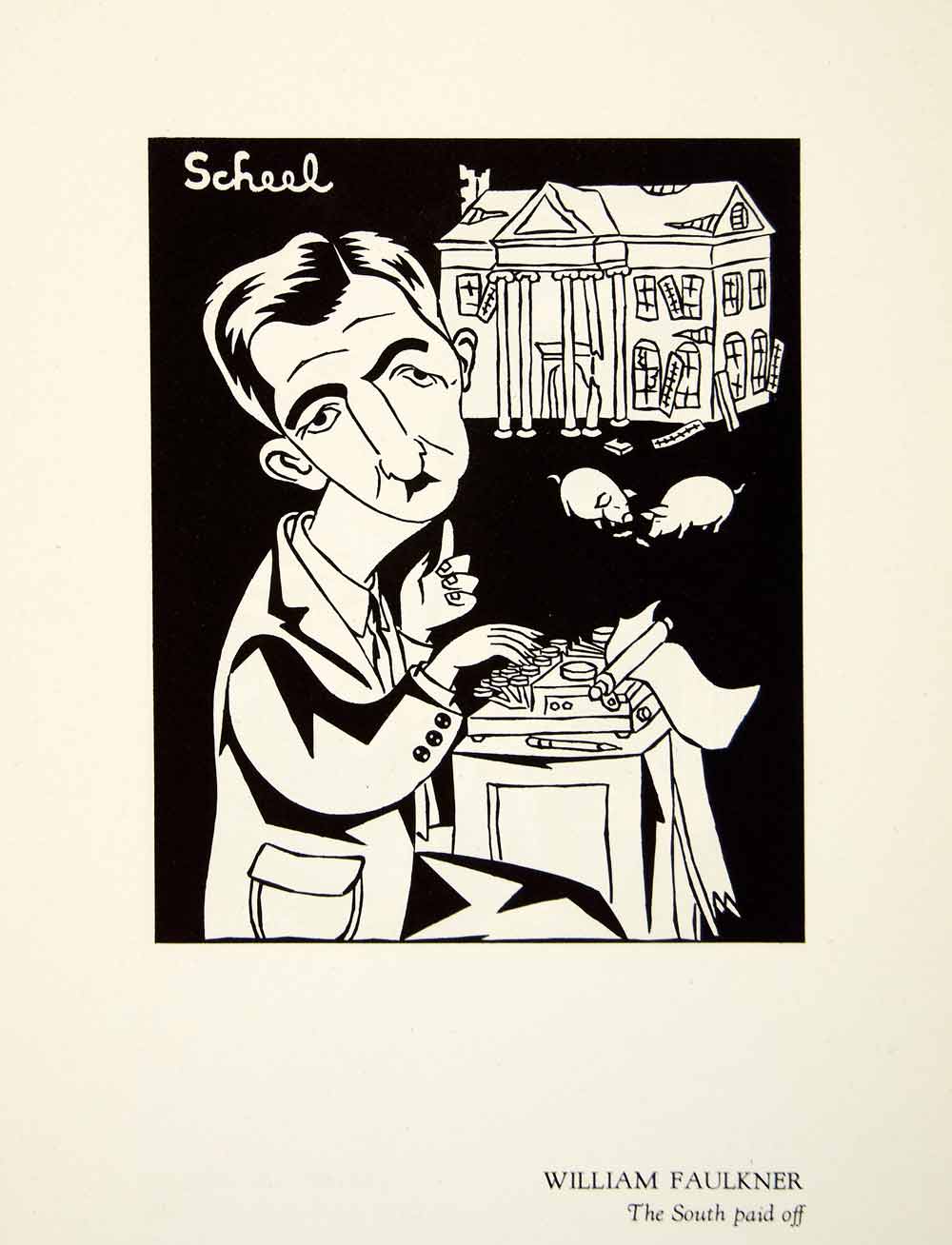 1951 Offset Lithograph William Faulkner South Paid Caricature Theodor Scheel