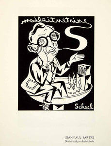 1951 Offset Lithograph Jean-Paul Sartre Caricature Theodor Scheel Cartoon Smoke