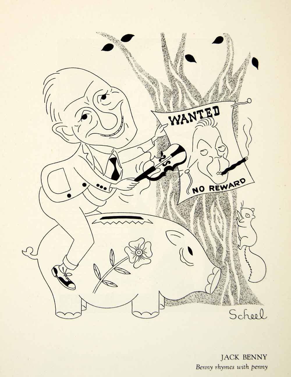1951 Offset Lithograph Jack Benny Caricature Theodor Scheel Wanted Piggy Bank