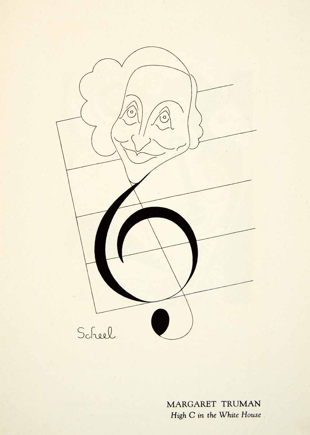 1951 Offset Lithograph Margaret Truman Music Note Caricature Theodor Scheel Art