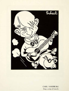 1951 Offset Lithograph Carl Sandburg Sing Song Caricature Theodor Scheel Guitar