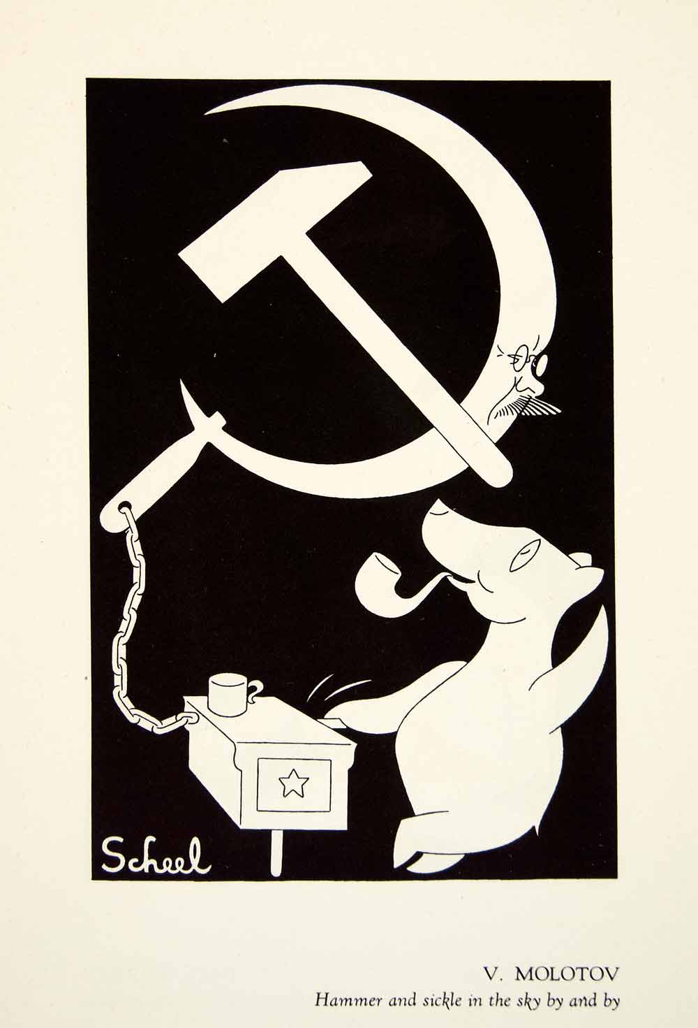 1951 Offset Lithograph Molotov Hammer Sickel Sky Caricature Theodor Scheel Face